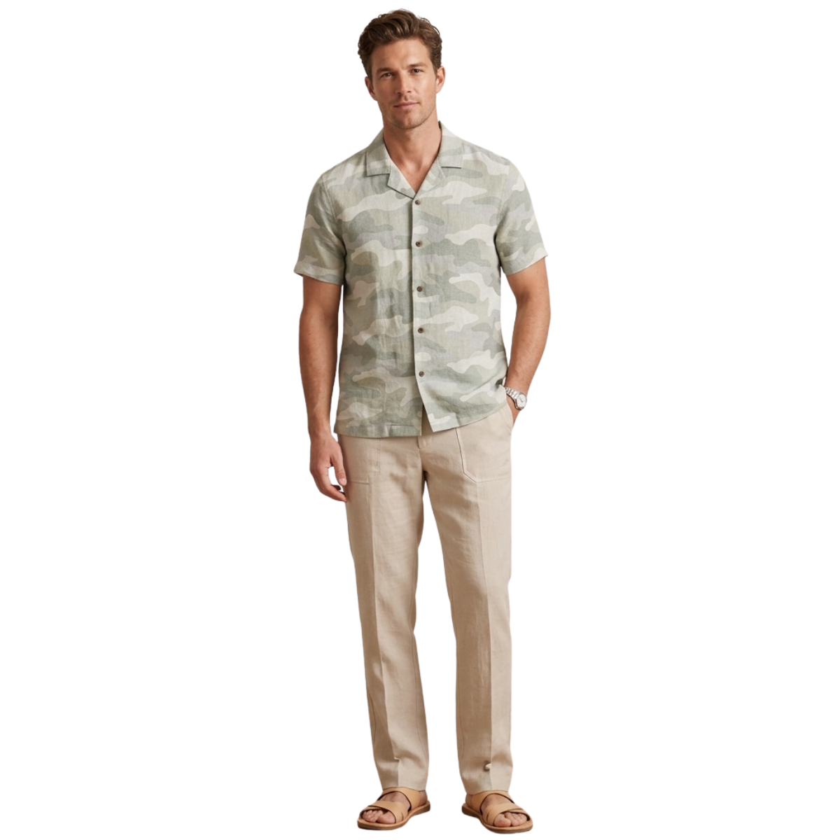 Sage Camo Linen Revere Collar Shirt