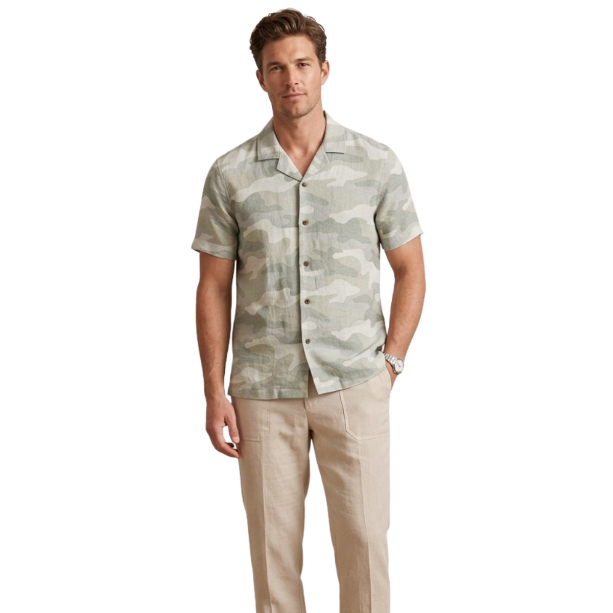 Sage Camo Linen Revere Collar Shirt