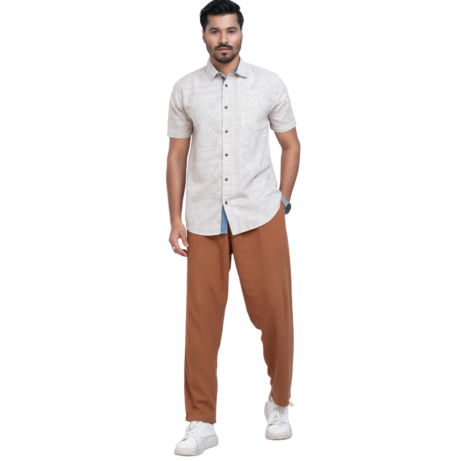 Printed Beige Linen Men
