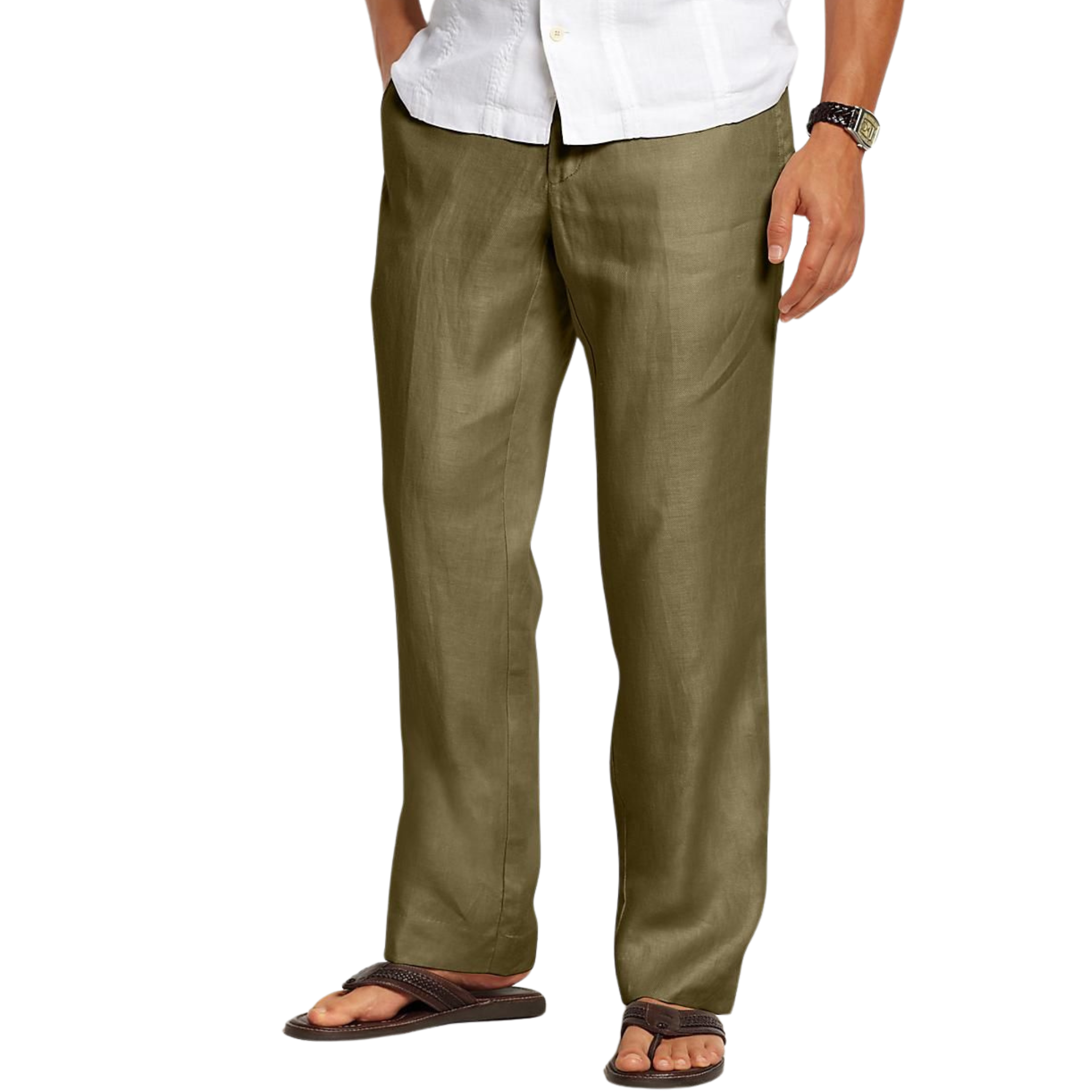 Olive Linen Relaxed Fit Trousers