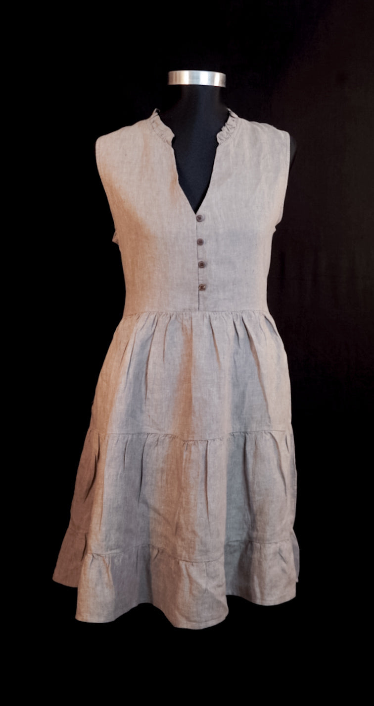 Linen Sleeveless Dress with Neck Detail &amp; Wooden Button Front