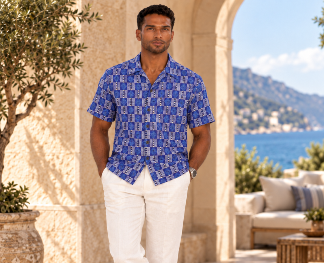 Indigo Printed Linen Revere Collar Shirt