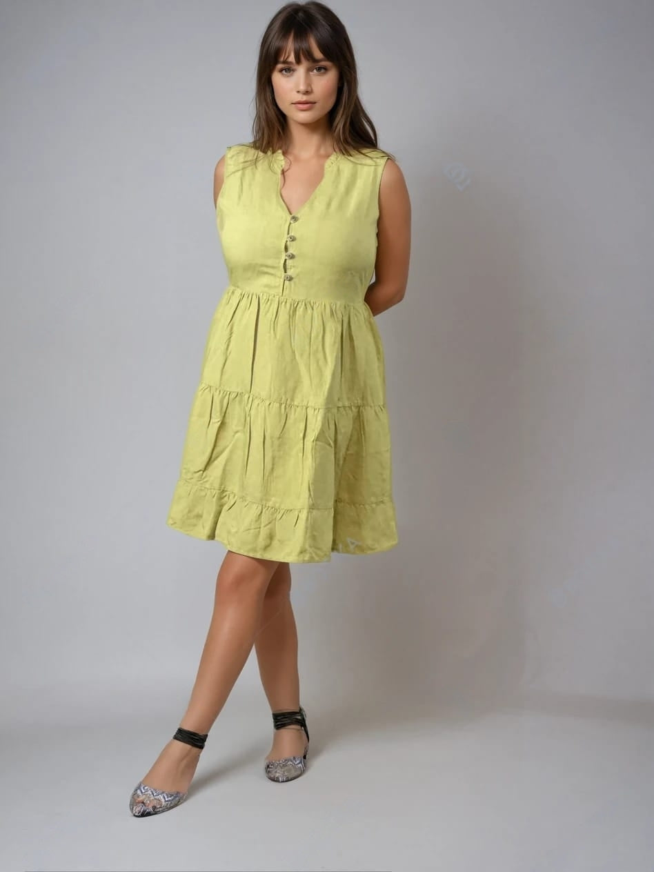 Linen Sleeveless Dress with Neck Detail &amp; Wooden Button Front